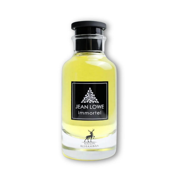 Botella de Jean Lowe Immortel de Maison Alhambra, perfume árabe intenso con notas cálidas y fondo amaderado.