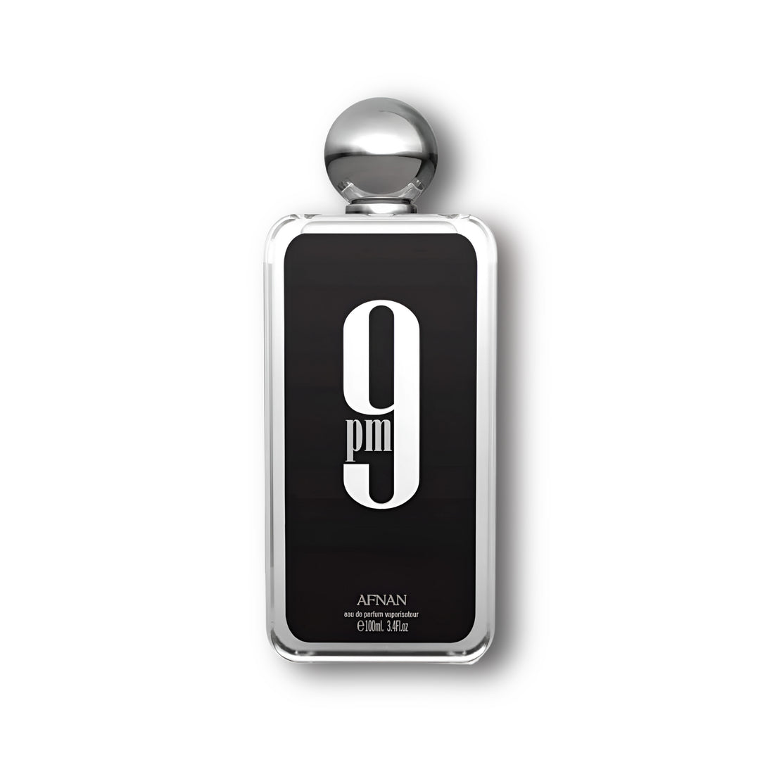 Vista frontal de la botella de 9PM de Afnan Eau de Parfum, perfume masculino elegante y con proyección potente.