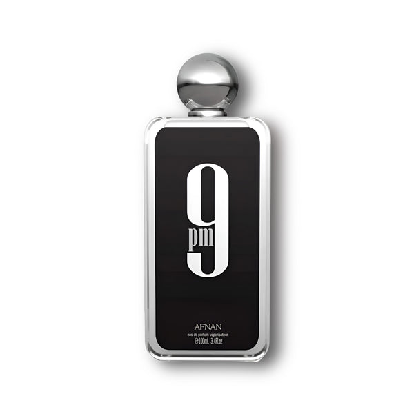 Vista frontal de la botella de 9PM de Afnan Eau de Parfum, perfume masculino elegante y con proyección potente.