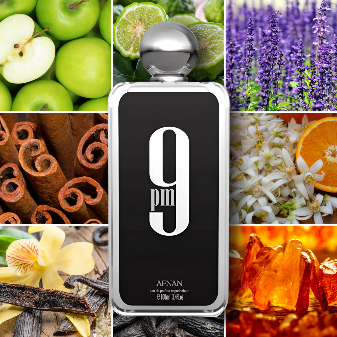 Notas olfativas de 9PM de Afnan en formato collage: manzana verde, canela, lavanda, flor de azahar, vainilla y ámbar, perfume dulce y magnético