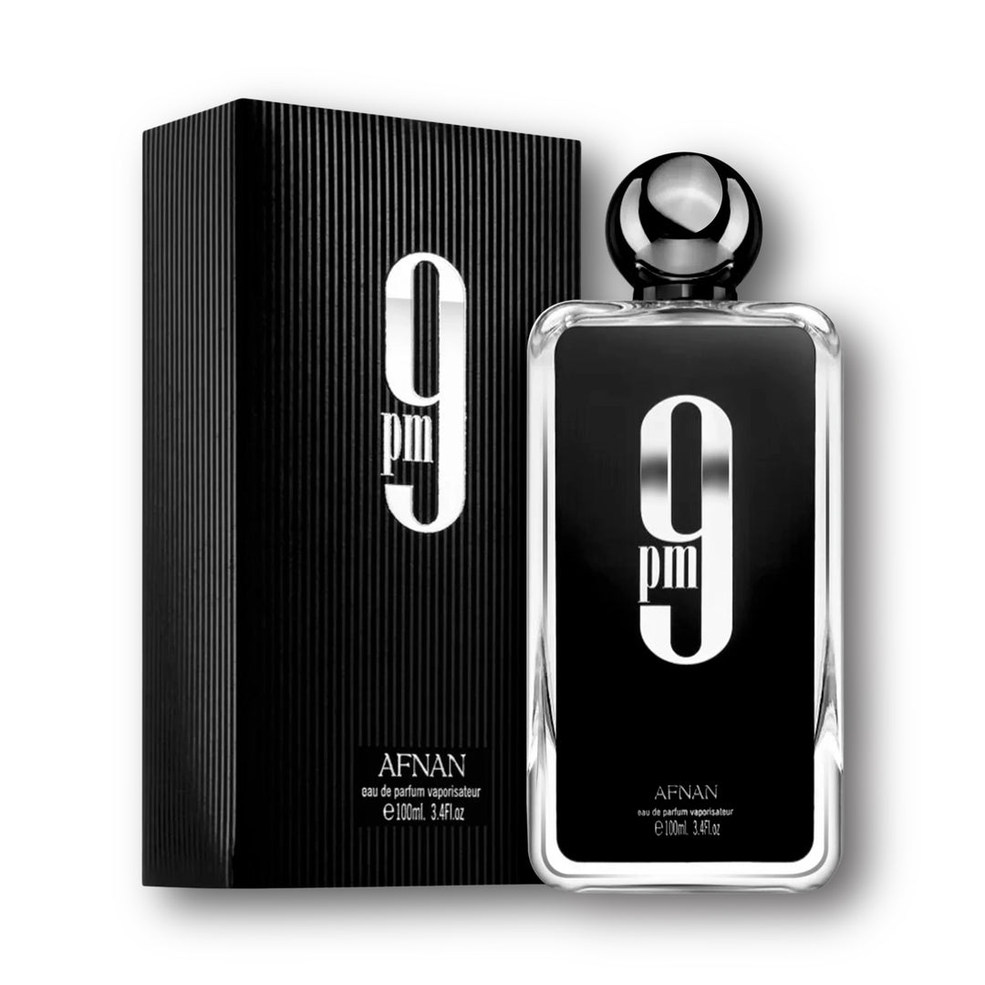 Perfume 9PM de Afnan con caja negra elegante, fragancia oriental vainilla intensa ideal para la noche y ocasiones especiales.