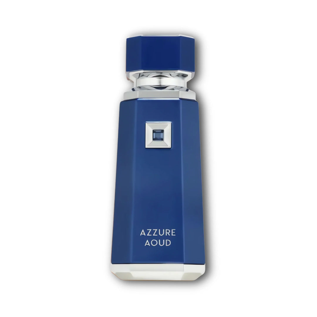 Botella frontal del perfume Azzure Aoud de French Avenue con oud y maracuyá, fragancia masculina intensa.