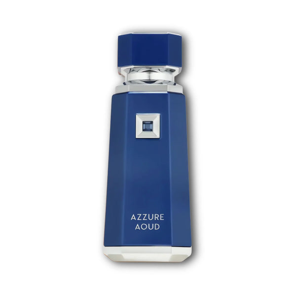 Botella frontal del perfume Azzure Aoud de French Avenue con oud y maracuyá, fragancia masculina intensa.