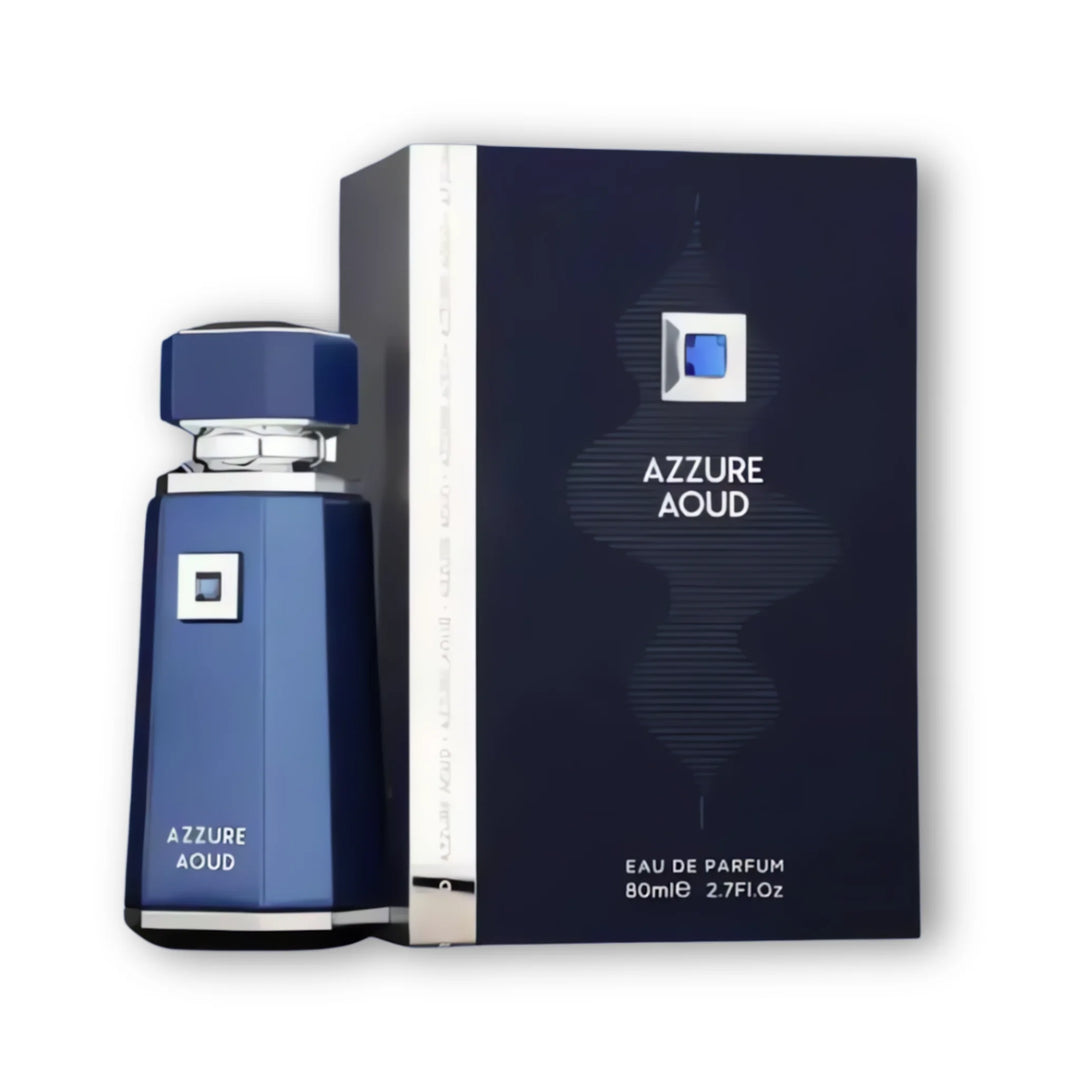 Caja y frasco del perfume Azzure Aoud de French Avenue, aroma atrevido de oud y azafrán.