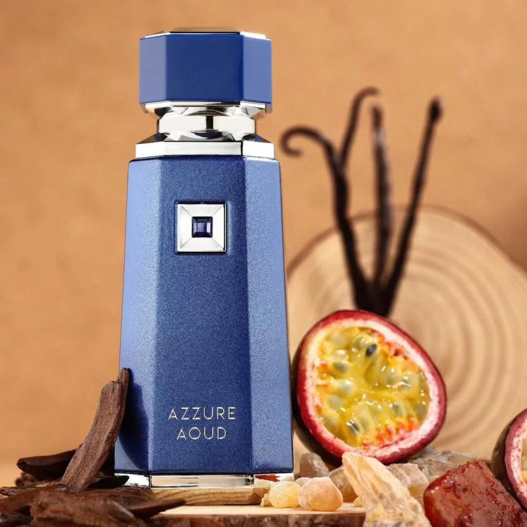 Presentación completa de Azzure Aoud, fragancia masculina intensa con oud y rosa especiada.
