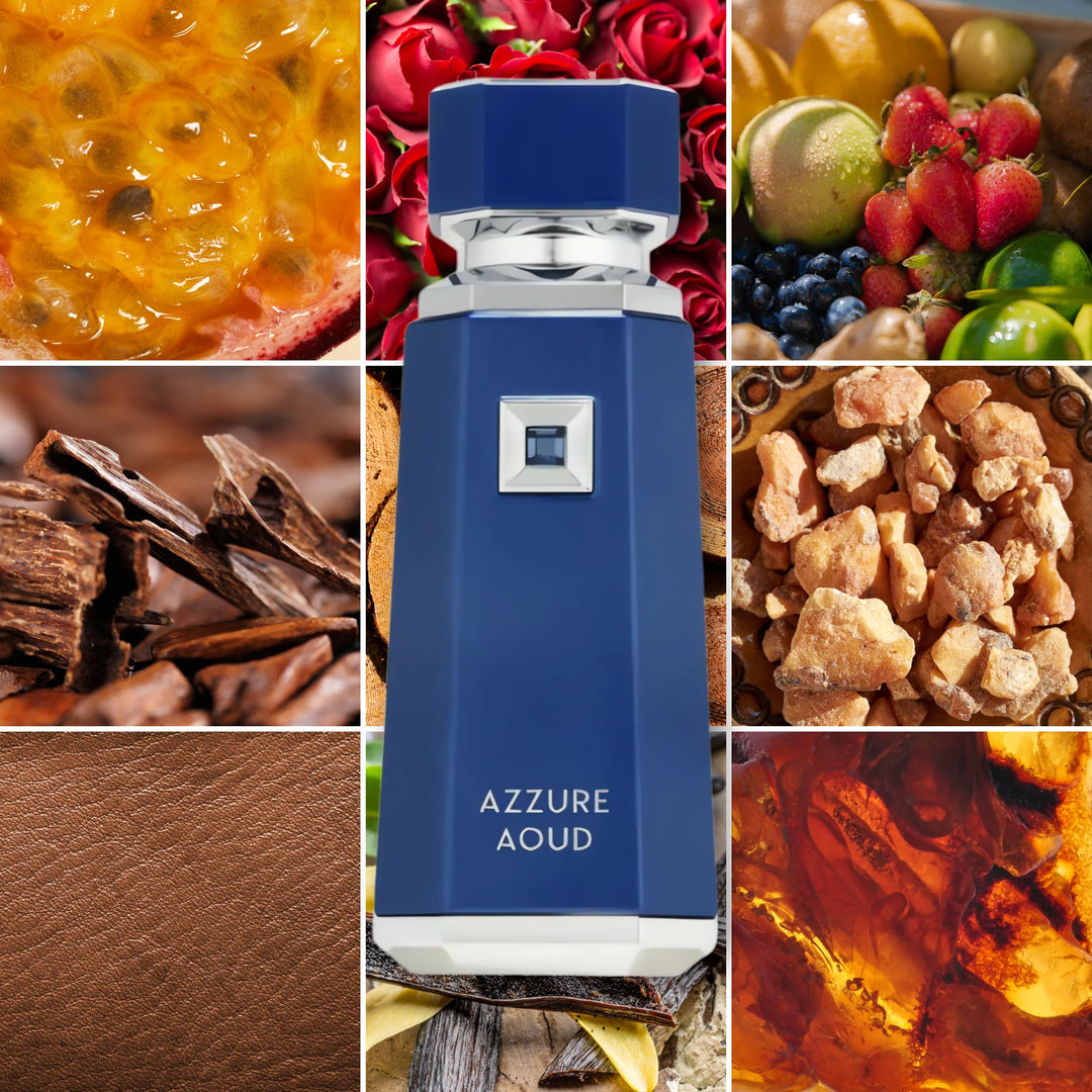 Collage visual del perfume Azzure Aoud con notas olfativas destacadas: oud, maracuyá y cuero.