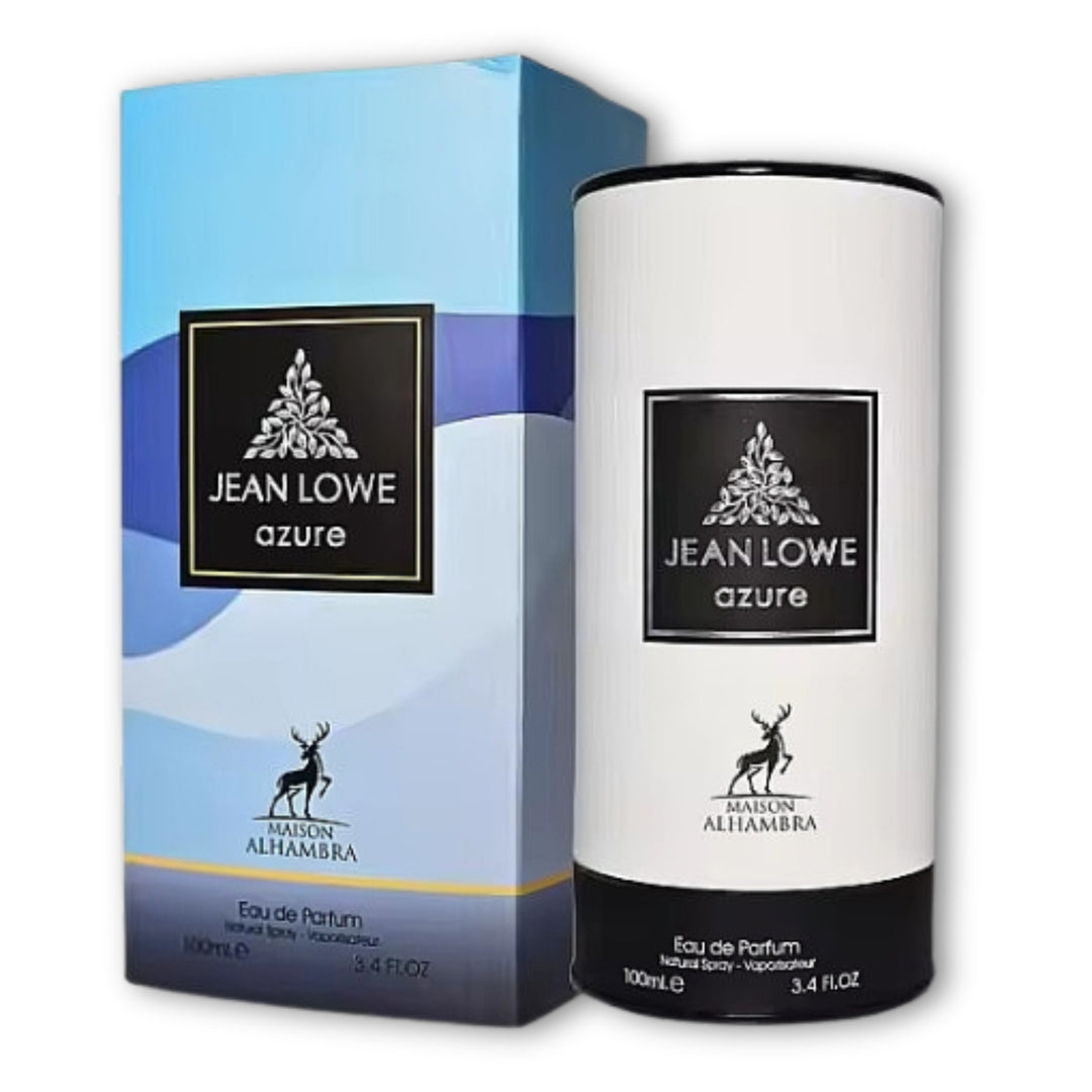 Caja de presentación de Jean Lowe Azure con frasco cilíndrico, perfume unisex de Maison Alhambra