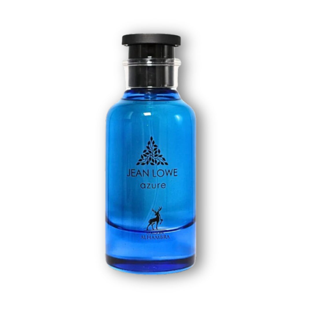 Vista frontal del frasco azul de Jean Lowe Azure, perfume fresco y elegante de Maison Alhambra