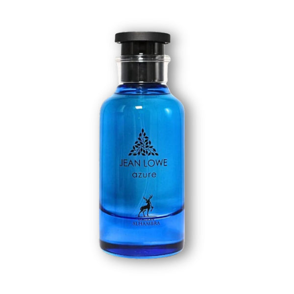 Vista frontal del frasco azul de Jean Lowe Azure, perfume fresco y elegante de Maison Alhambra