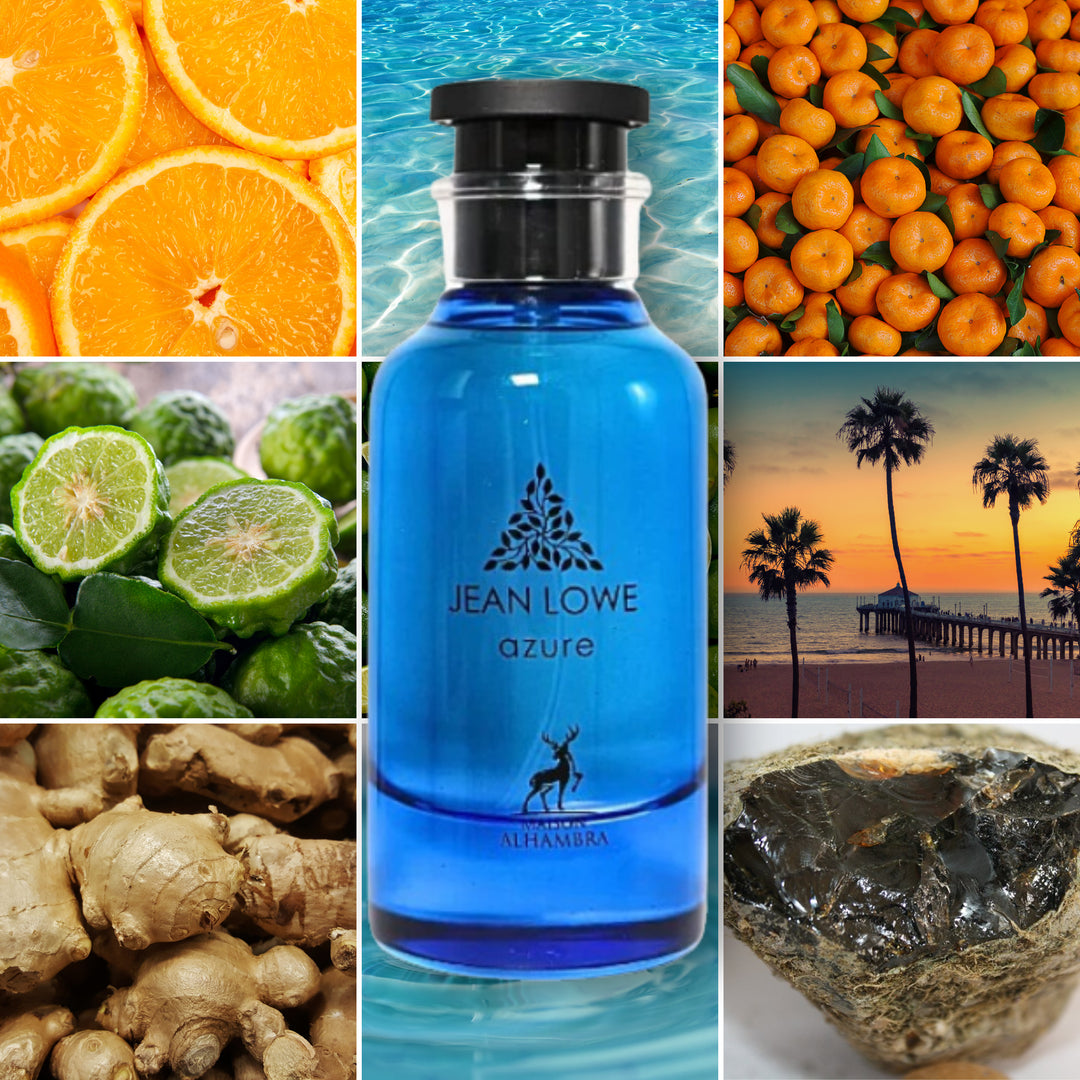 Collage de notas olfativas de Jean Lowe Azure incluyendo bergamota, jengibre, naranja y fondo marino tropical