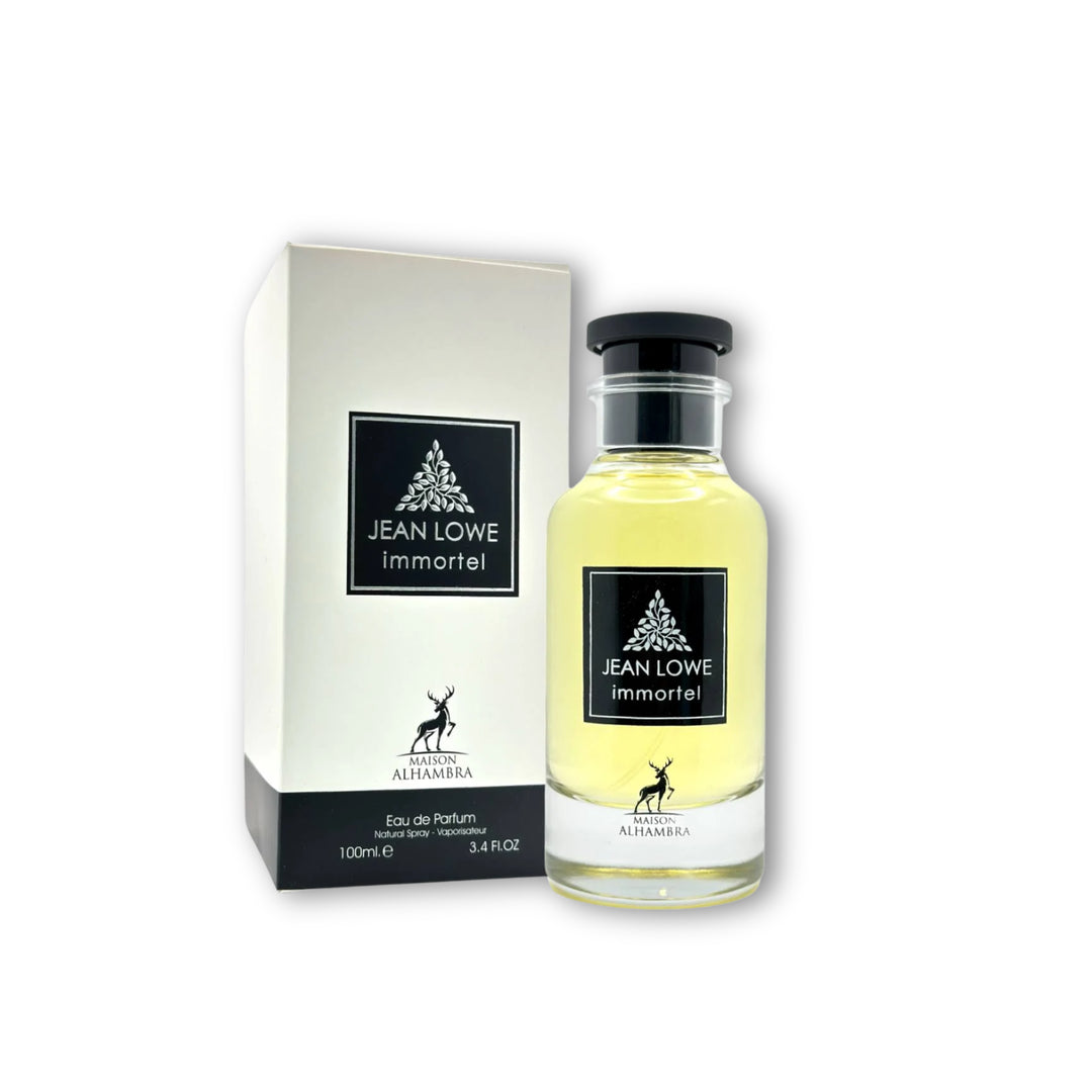 Perfume Jean Lowe Immortel con caja, diseño minimalista y aroma intenso ideal para cualquier tipo de ocasión especial.