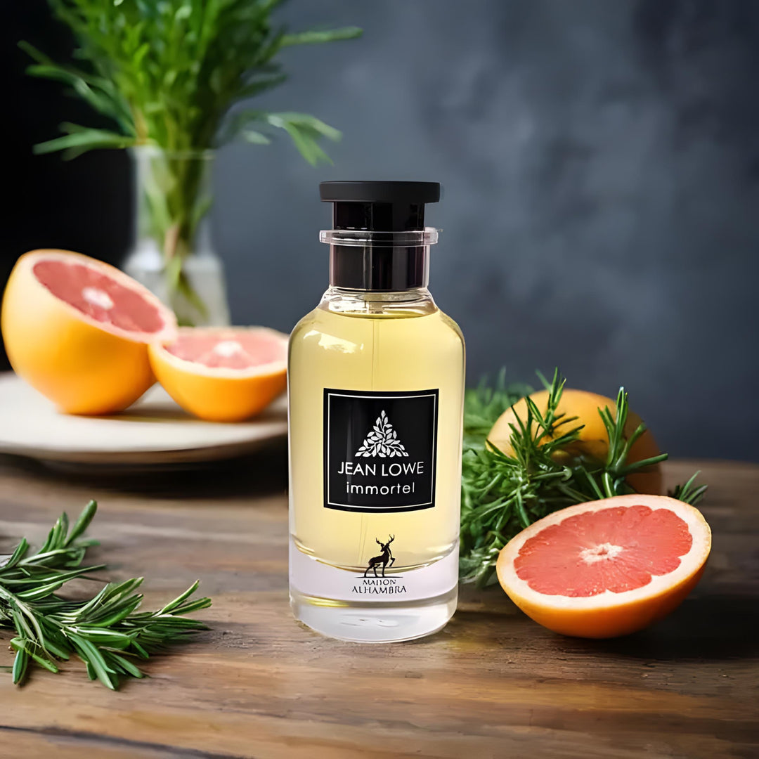 Jean Lowe Immortel con toronja y romero, perfume árabe masculino con notas cítricas, herbales y fondo cálido.
